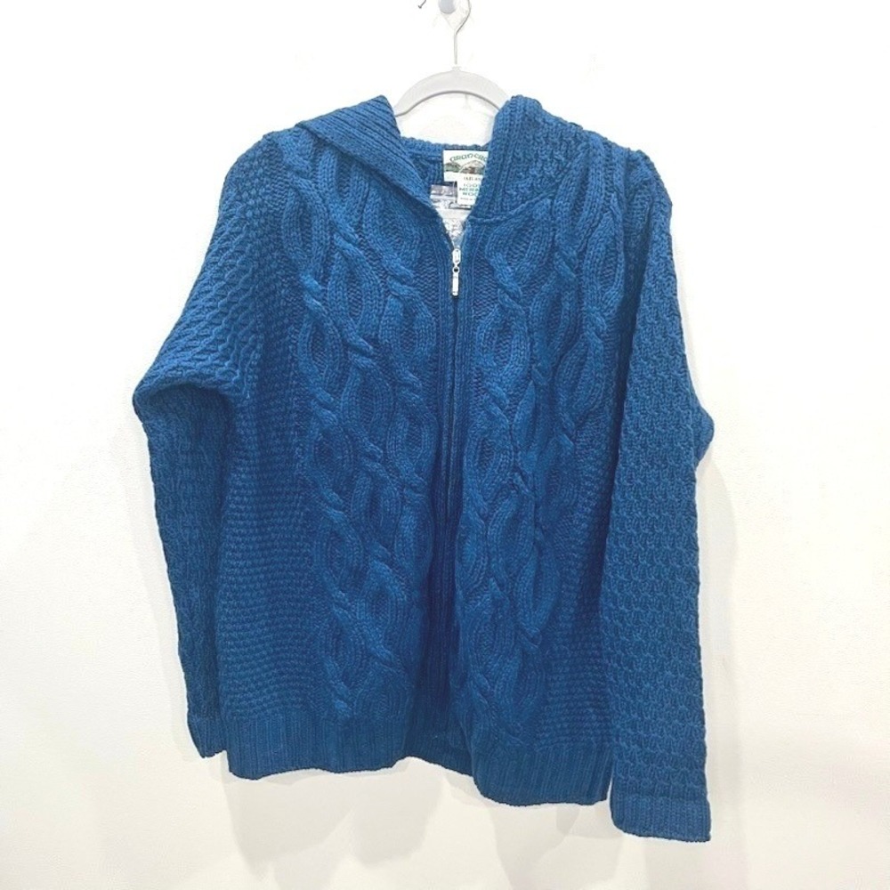 Aran Crafts Ireland 100% Merino Wool Blue Fisherman Knit Zip Up Hoodie Sweater L